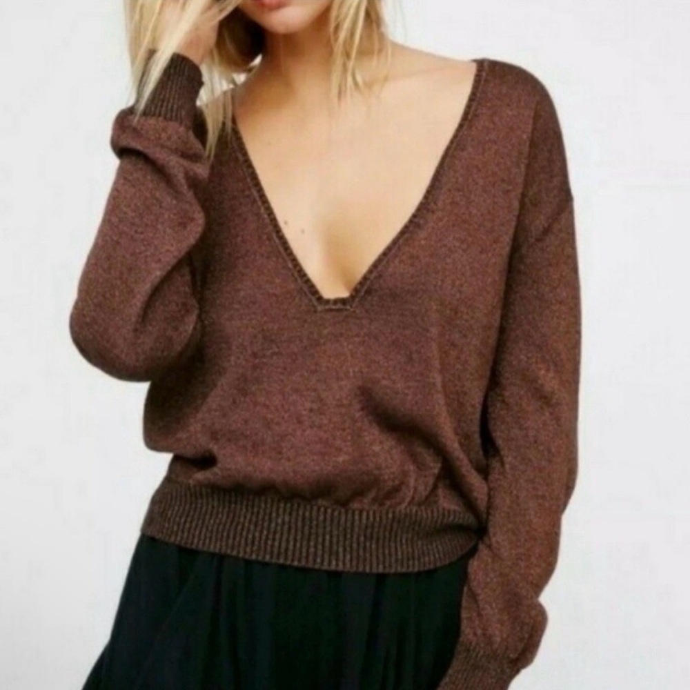 Free People Deep V-Neck Pullover Sweater in Brown
